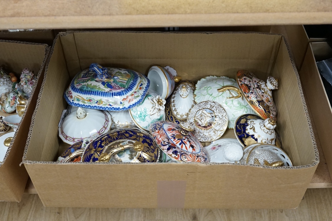A collection of porcelain tureen and pot covers, largely 19th century
